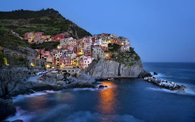 イタリア, manarola, ロック, リゾート, 灯り, 夜