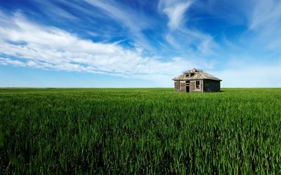 maison abandonnée, le ciel, les champs, paysage