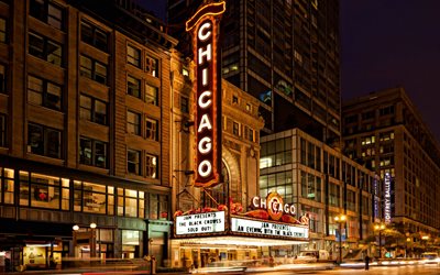 शिकागो, थियेटर, अमेरिका, रोशनी, थिएटर, रात, संयुक्त राज्य अमेरिका