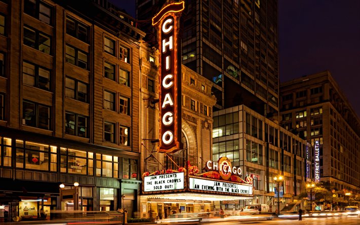 chicago, teatro, estados unidos, las luces, el teatro, la noche