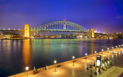 sydney, die sydney harbour bridge, australien, promenade, hafen, brücke, nacht