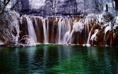 nationalpark, kroatien, plitvice sjöar, snö, vinter, vattenfall