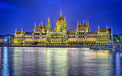the hungarian parliament, night lighting, budapest