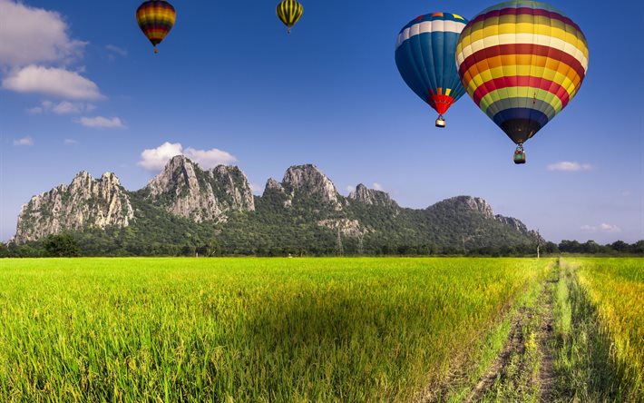 field, mountains, road, balloons, the sky