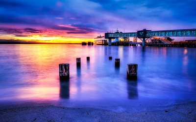 la puesta del sol, puerto, edmonds, washington, estados unidos