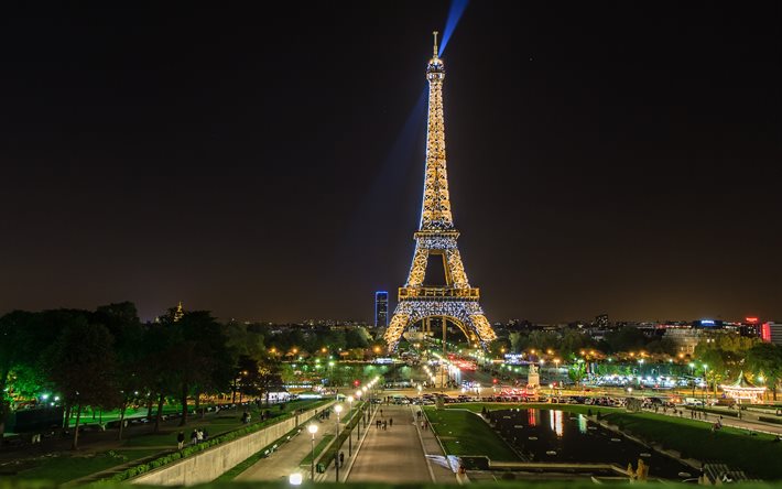 eiffel tower, paris, night, rays