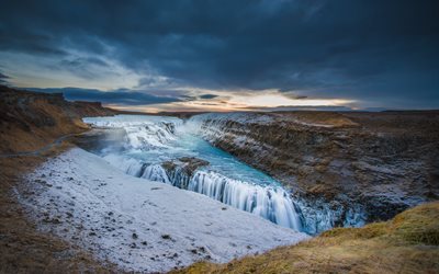 아이슬란드, 굴, 굴 폭포, 저녁, 구름, 의 협곡 강 hvita