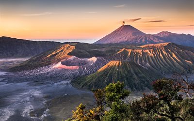 coucher de soleil, l'indonésie, le mont bromo, paysage