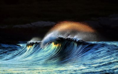 night, wave, comb, foam, spray, element, the ocean