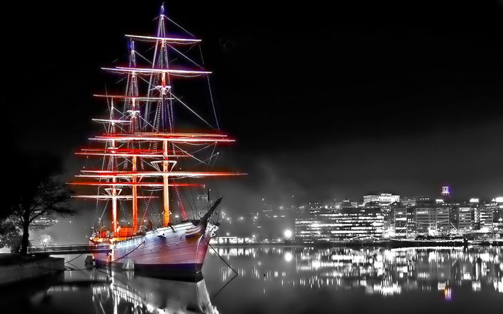 natt, hamnen, segelbåtar, staden, fartyg, bakgrundsbelysning
