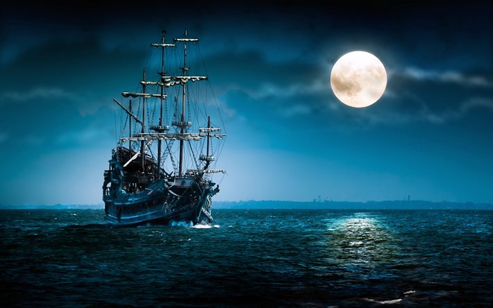 frigate, the ocean, sea, the moon, night, clouds