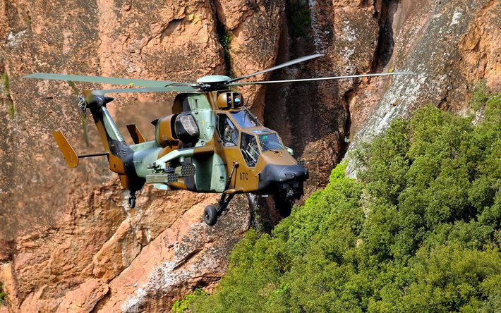 ec 665, tiger, eurocopter, helicopter, flight, mountains, trees