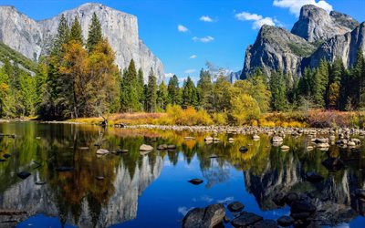 river, forest, trees, mountains, clouds, rock, autumn, reflection, the sierra nevada, sierra nevada