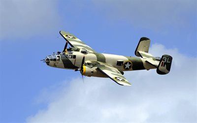 bombplan, flygning, mitchell, himlen, b-25, nordamerikanska