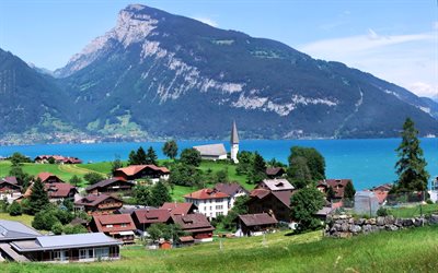 montañas, berna, en el lago, casa, paisaje, suiza