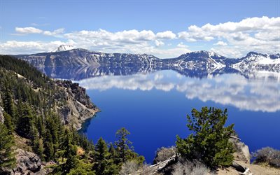 lago del cráter, bosque, montañas, verano, crater lake, oregón, estados unidos, el parque nacional de