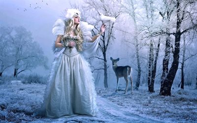forest, dove, fairy, forest fairy, winter, deer