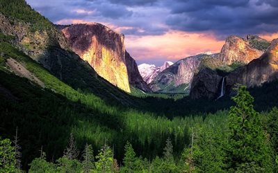 yosemite, sunset, mountains, waterfall, cloudy, clouds, valley