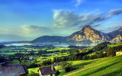 paesaggio, natura, città, montagne, fiume, foresta, casa, gmunden, in austria