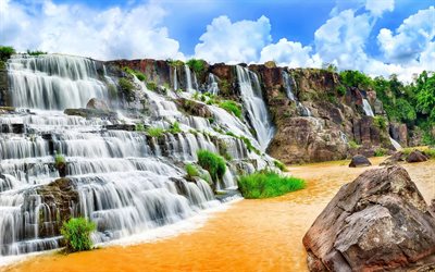 stones, waterfall, vegetation, river, the sky