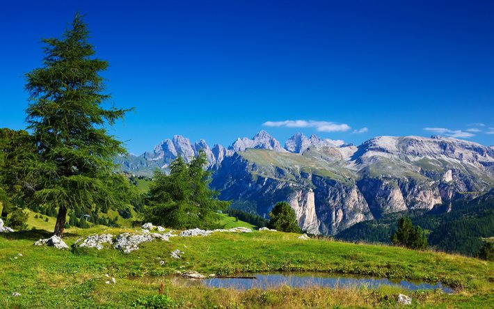 alpes, lago, água, verdes, natureza, árvores, pedras, montanhas, itália