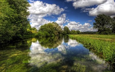 river, water, grass, england, itchen, winchester
