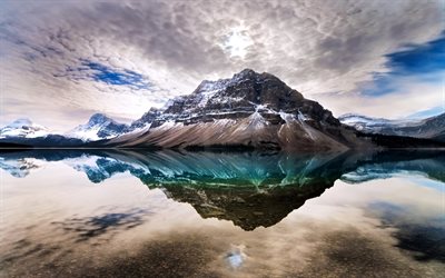 wolken, bow lake, spiegelung, banff national park, berg, see, see bou