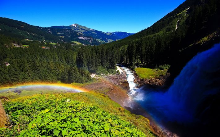 river, mountains, forest, rainbow, austria, krimml waterfalls, the krimml waterfalls