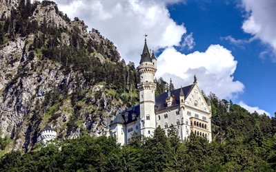 महल, neuschwanstein, जर्मनी, पहाड़ों, पेड़, neuschwanstein कैसल