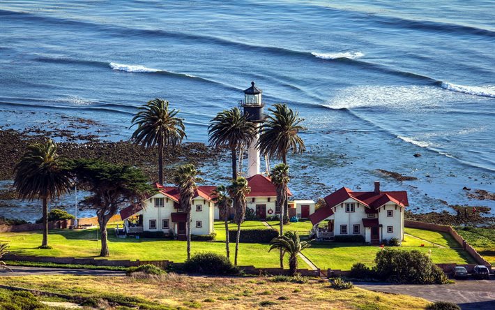 lighthouse, sea, san diego, the house, california, usa, car, palm trees