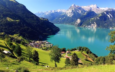 スイス, モールシャッハ, schwyz, shwyz, ホーム, 町, 森林, 湖, 雪, ロック, 山々, 風景, morschac