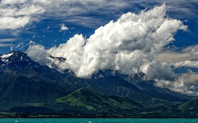 空, 海, 山々, カイコウラ, 南島, ニュージーランド, 雲