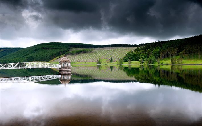 the house, the bridge, the lake, forest, the sky, reflection
