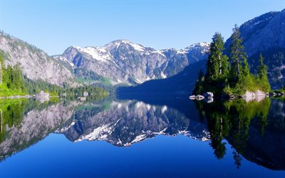 las montañas, los bosques, la reflexión, el lake, canadá