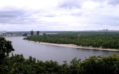 الشاطئ, نهر دنيبر, الأشجار, كييف, نهر, الصيف, trukhaniv الجزيرة