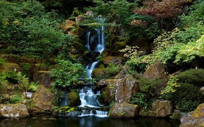 waterfall, stones, park, portland, usa, oregon, trees
