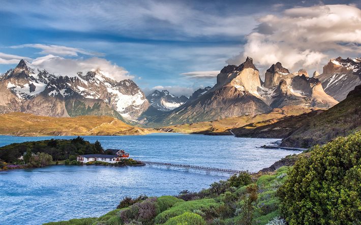ada, dağlar, milli park, köprü, Patagonya, Şili, ev