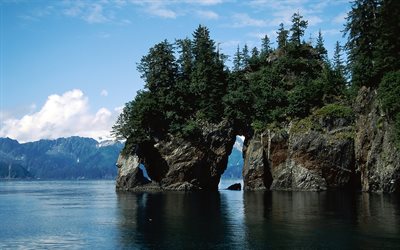 arch, rock, mountains, sea, trees