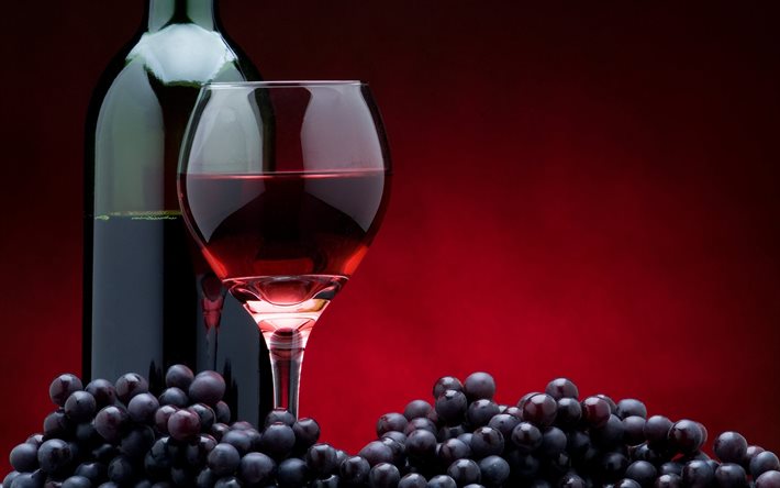 glas, vindruvor, röd, flaska, vin