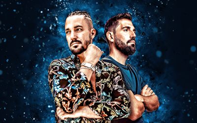dimitri vegas und mögen mike, 4k, blaue neonlichter, dj duet, dimitri thivaios, michael thivaios, kreativ, djs, elektrohaus, dimitri vegas und wie mike 4k