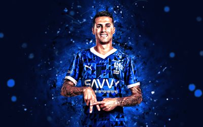 Joao Cancelo, 4k, blue neon lights, Al Hilal FC, Saudi Professional League, Portuguese footballers, Joao Cancelo 4K, football, soccer, Al-Hilal SFC, Al Hilal Saudi Club, Al Hilal SFC, Joao Cancelo Al Hilal
