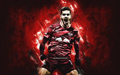 Andre Silva, RB Leipzig, Portuguese football player, red stone background, grunge art, Bundesliga, Germany, football