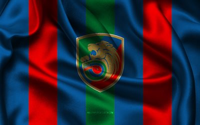 4k, logo miedz legnica, tessuto di seta blu rosso, squadra di calcio polacca, emblema di miedz legnica, ekstraklasa, miedz legnica, polonia, calcio, bandiera di miedz legnica, legnica fc