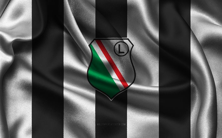 4k, logo de legia varsovie, tissu de soie blanc noir, équipe de football polonaise, emblem de legia varsovie, ekstraklasa, legia varsovie, pologne, football, drapeau de legia varsovie, legia fc