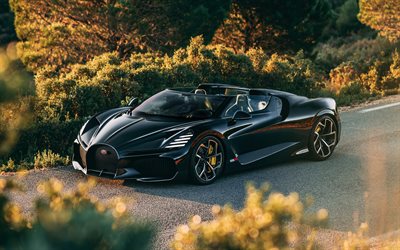bugatti w16 mistral, 4k, coucher de soleil, 2024 voitures, roadsters, black bugatti w16 mistral, 2024 bugatti w16 mistral, voitures françaises, bugatti