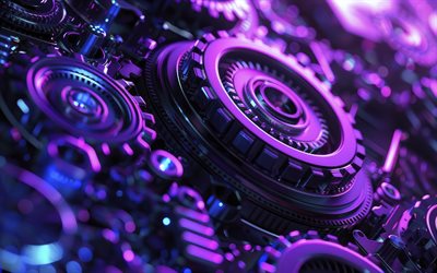 3d gears, purple gears background, 3d mechanisms, mechanics concepts, 3d background