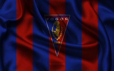 4k, pogon szczecin  logo, punainen sininen silkkikangas, puolan jalkapallojoukkue, pogon szczecin  tunnus, ekstraklasa, pogon szczecin, puola, jalkapallo, pogon szczecin  lippu, pogon szczecin fc
