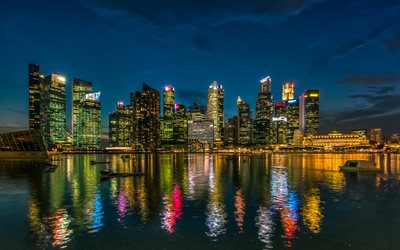 Singapur, noche, reflejo, rascacielos, edificios, costa
