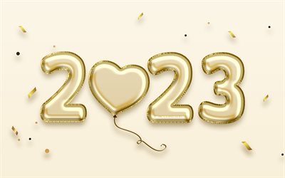 2023 felice anno nuovo, 4k, palloncini realistici dorati, arte 3d, 2023 concetti, cifre di palloncini 2023, felice anno nuovo 2023, creativo, 2023 sfondo beige, 2023 anno, 2023 cifre 3d