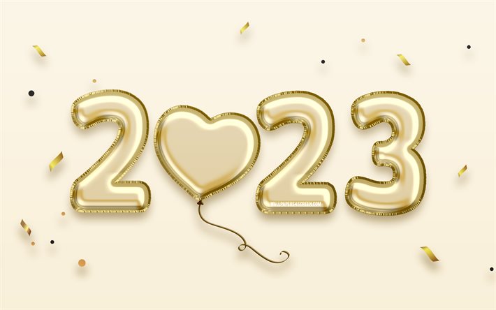 2023 Happy New Year, 4k, golden realistic balloons, 3d art, 2023 concepts, 2023 balloons digits, Happy New Year 2023, creative, 2023 beige background, 2023 year, 2023 3D digits